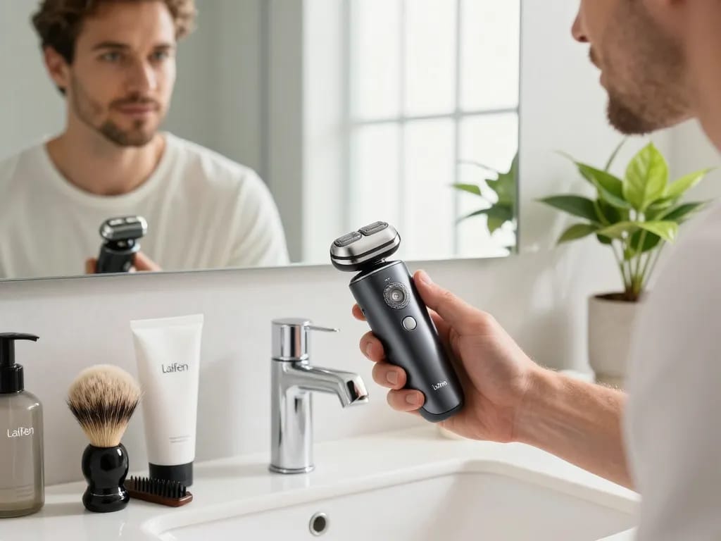 Mann, der einen Laifen-Elektro-Rasierer in einem luxuriösen Badezimmer benutzt