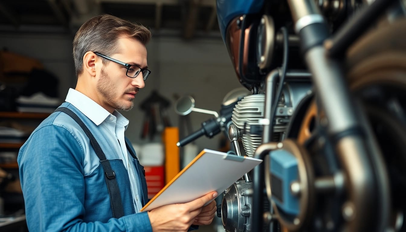 Motorrad Gutachter bewertet ein Motorrad in einer Werkstatt mit professionellen Werkzeugen.