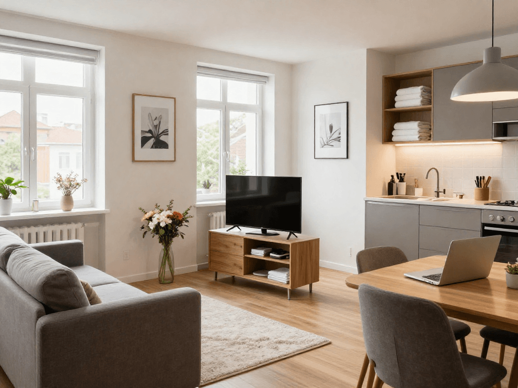 Moderne Monteurwohnung Hannover mit gemütlichem Wohnbereich und voll ausgestatteter Küche für Geschäftsreisende.