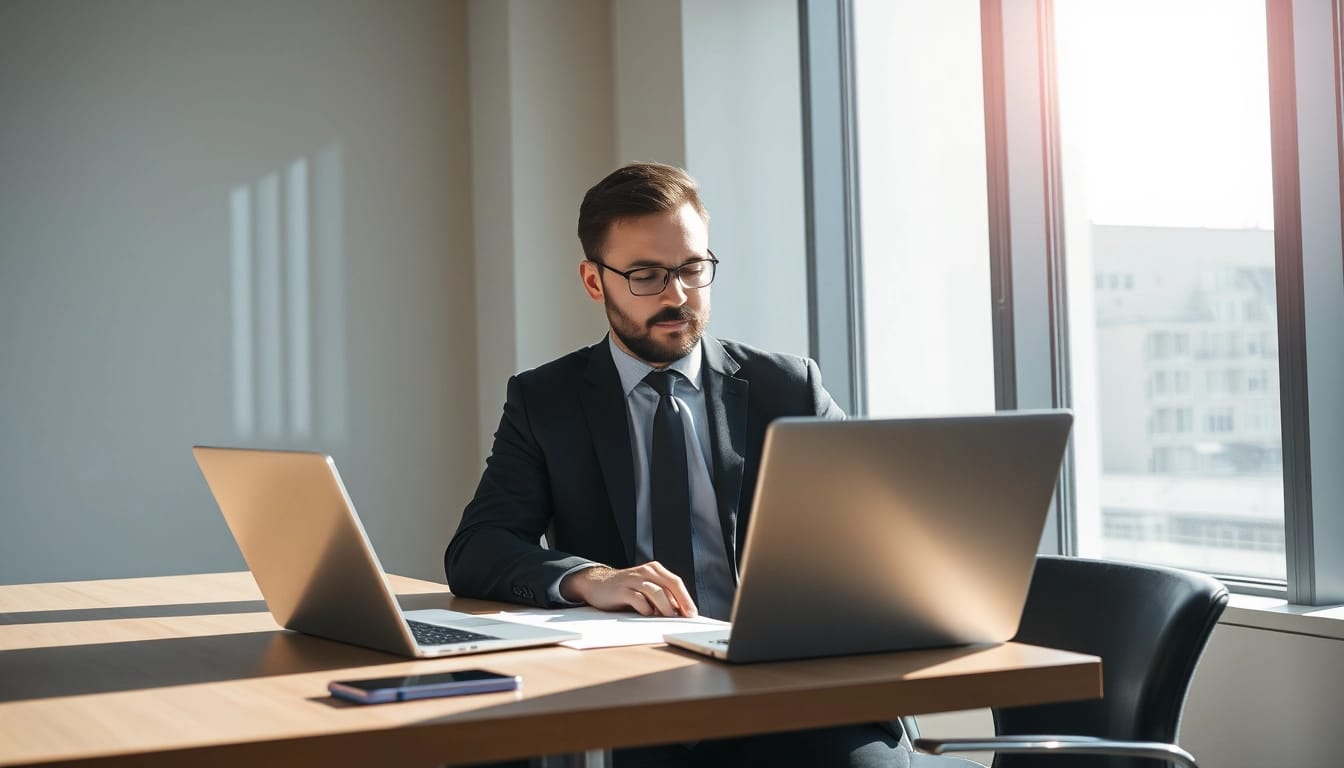 Headhunter arbeitet an einem Schreibtisch in einem modernen Büro, zeigt Professionalität und Engagement.