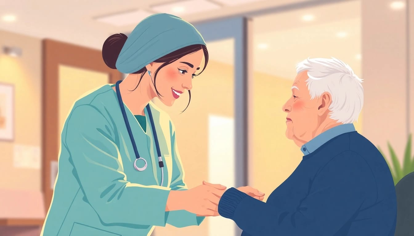 Visual representation of pflegedienst gründen, showcasing a caregiver aiding an elderly client, exuding warmth and professionalism.