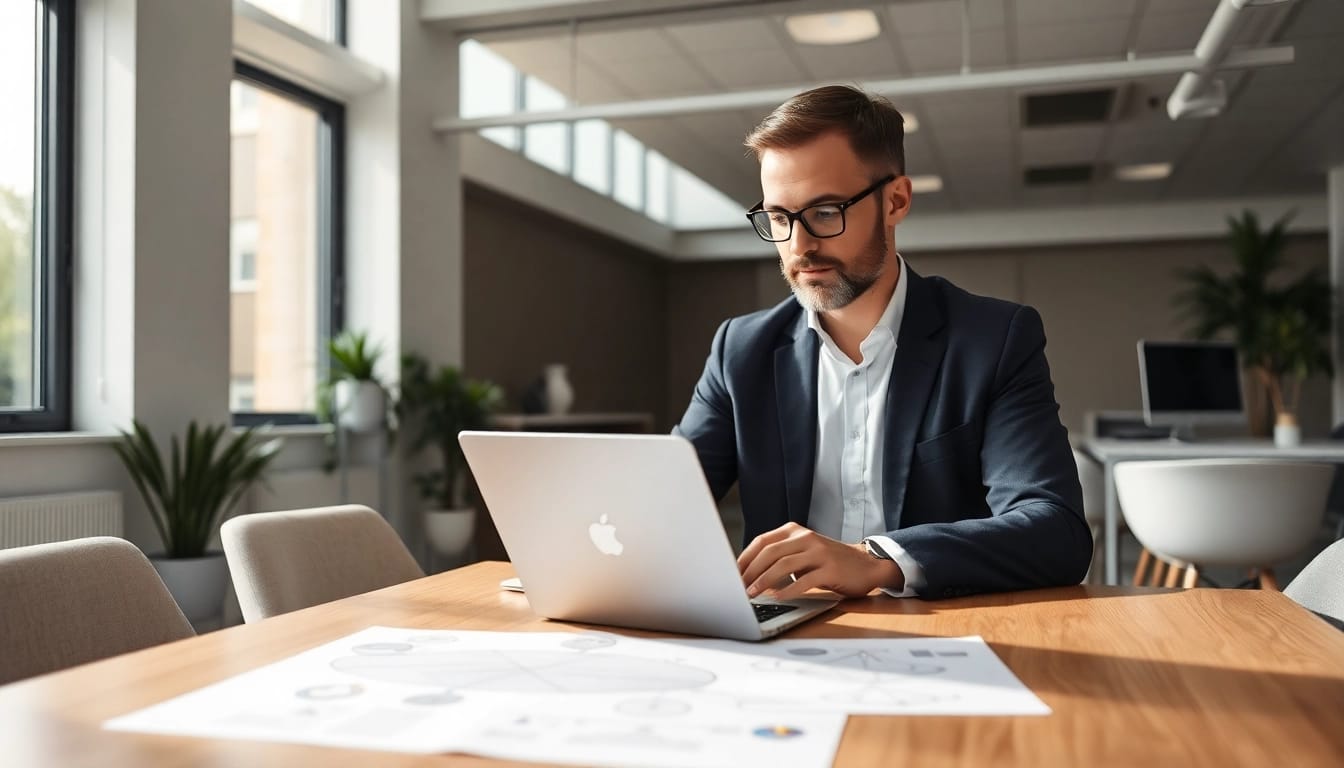 Unternehmensberatung: Ein Unternehmensberater analysiert Strategien in einem modernen Büro.