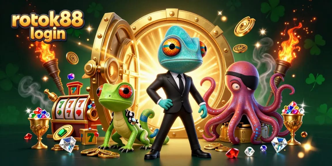 Engage with rokok88 login for top-tier gaming gear alongside vibrant casino elements in 3D illustration.