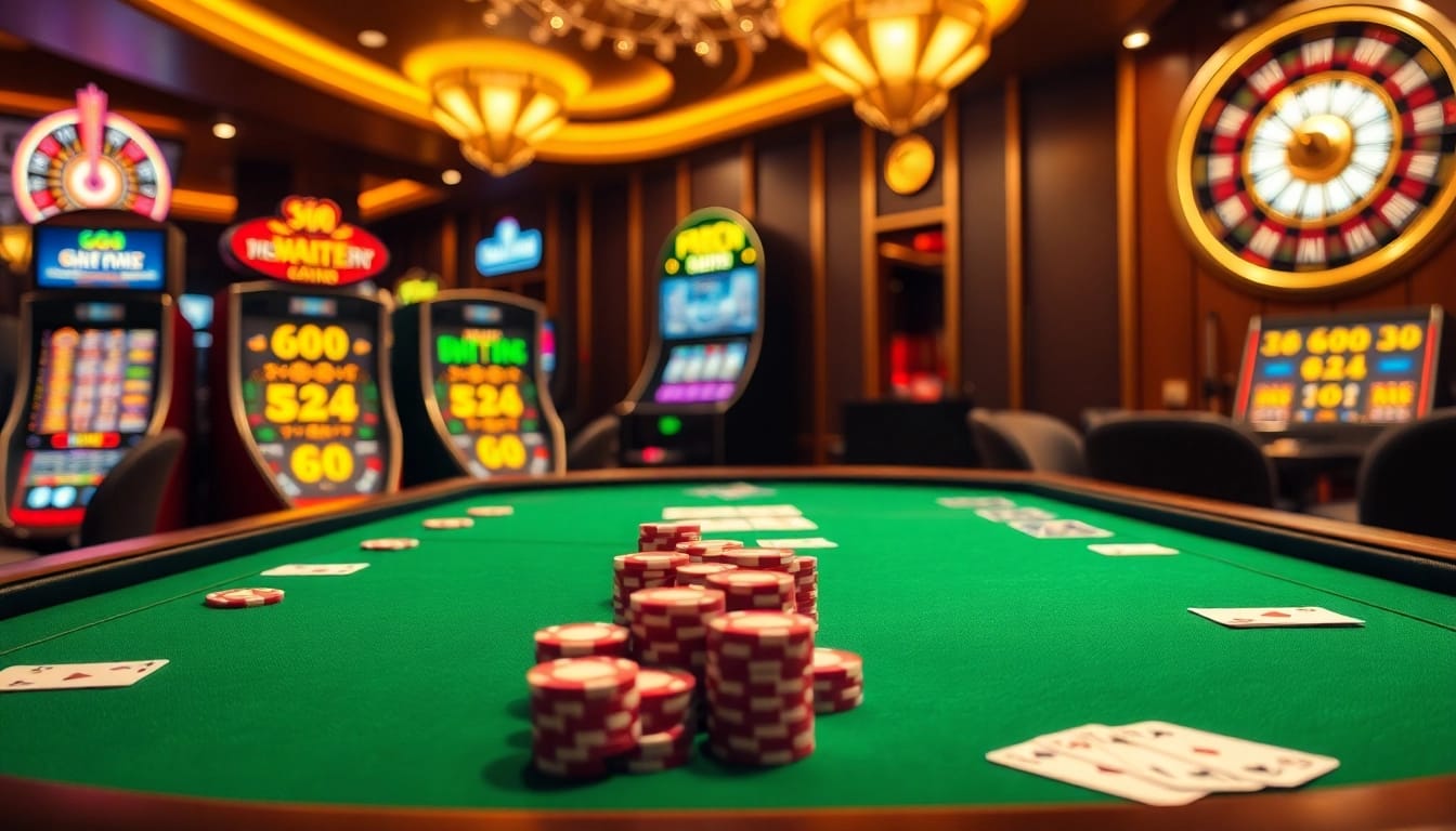 Go8 gaming table with vibrant poker chips and roulette wheel in a luxurious casino setting.