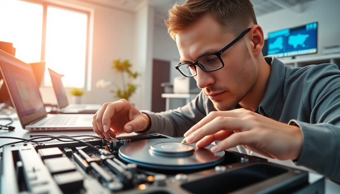 Datenrettung durch professionelle Techniker in modernem Büro mit technischem Equipment.