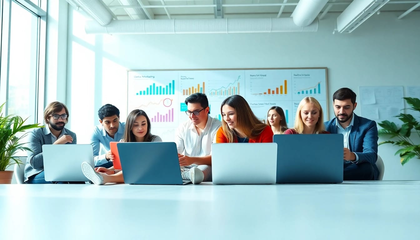 Optimizing Online Marketing strategies with a diverse team in a modern office environment.