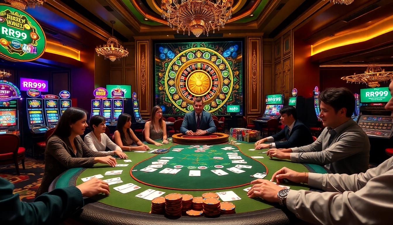 RR99 casino players joyfully placing bets at a lively poker table.