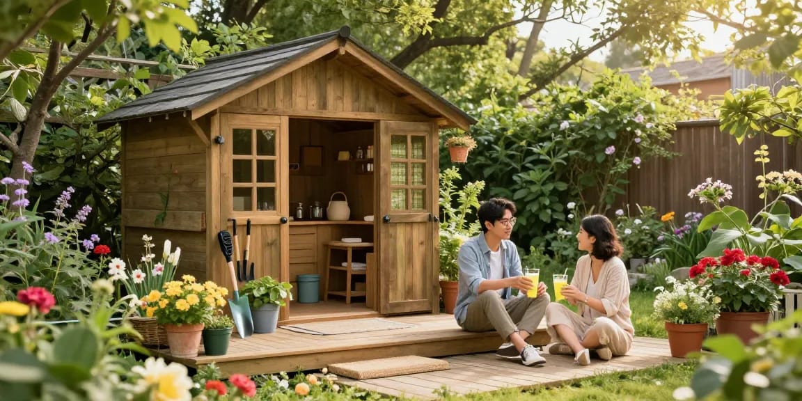 Schönes Gartenhaus Holz umgeben von blühenden Pflanzen und einem Paar, das einen sonnigen Nachmittag genießt.