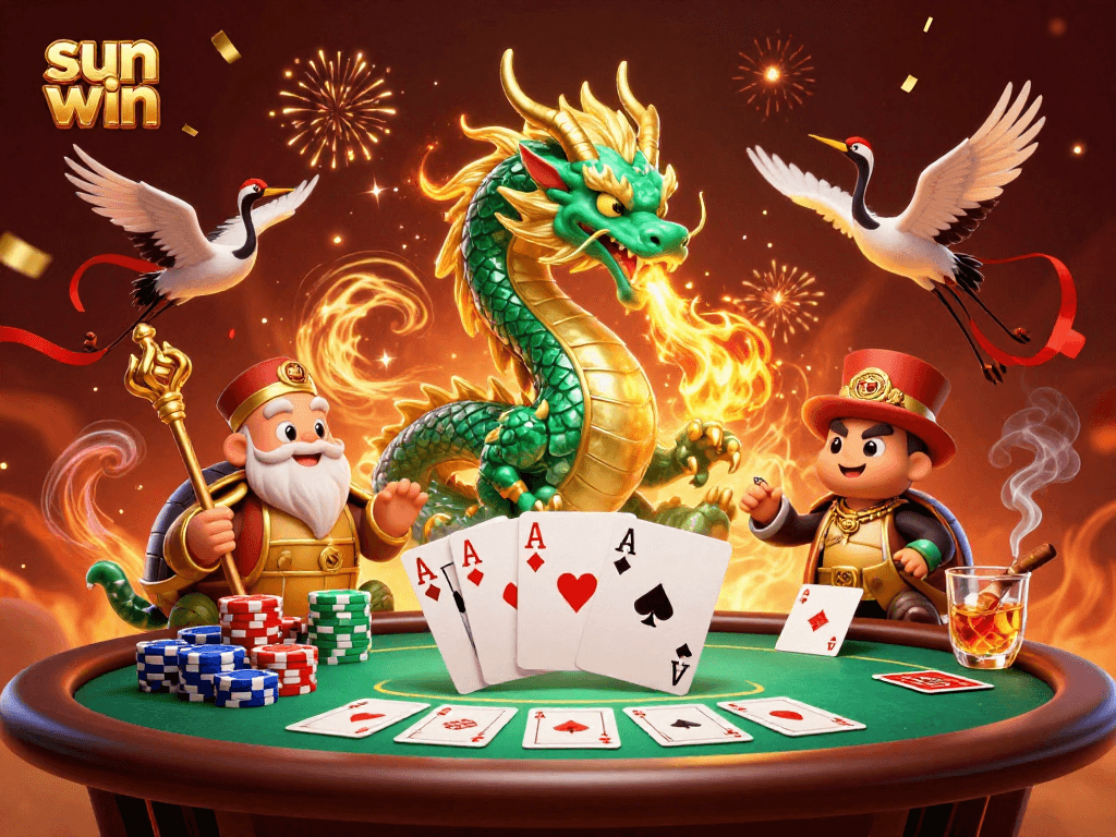 Engage in thrilling gameplay with a sun win theme illustrated by a fiery dragon and poker elements.