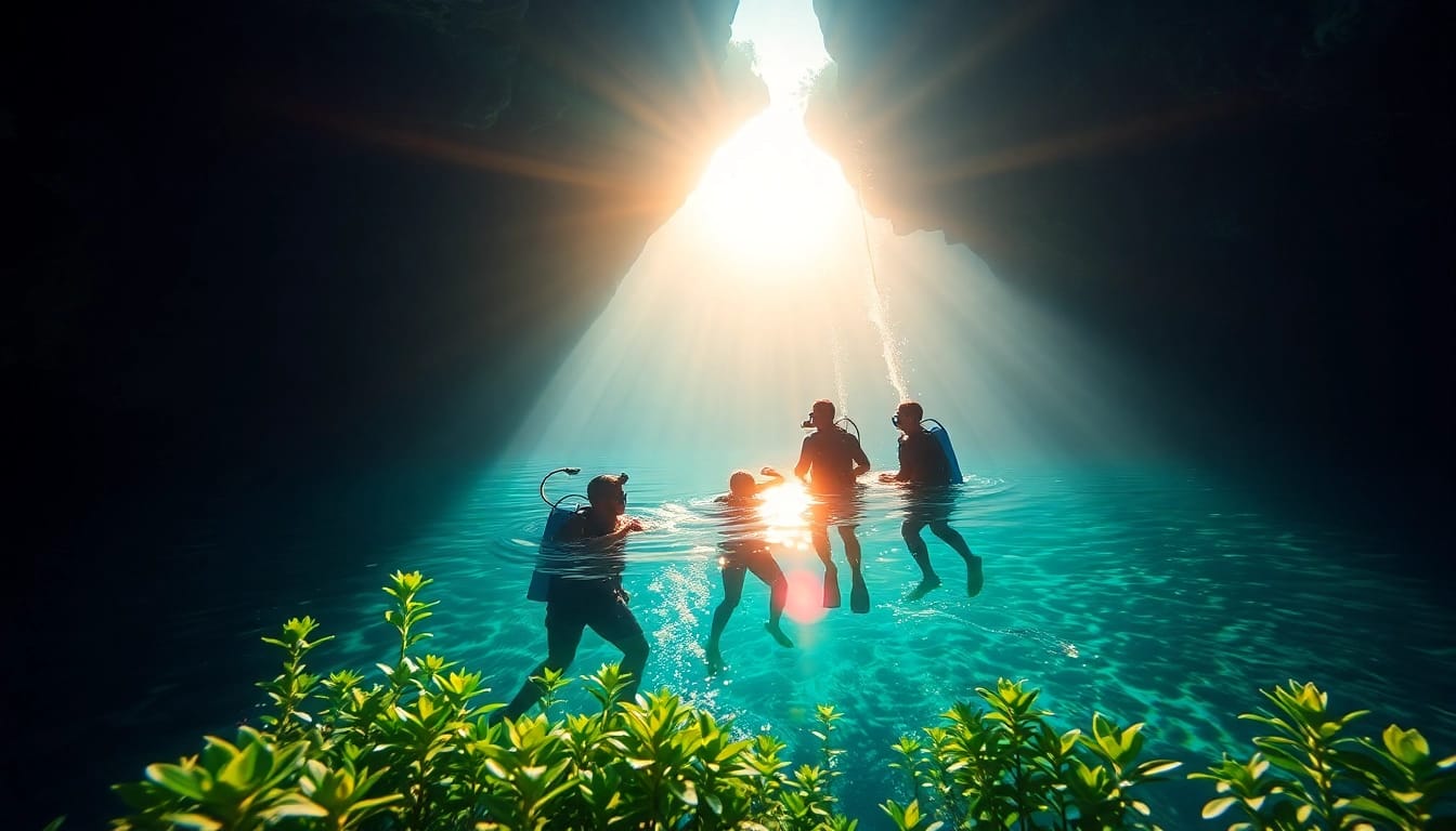 TauchKurs Mexiko: Tauchlehrer zeigt Gruppe von Anfängern in Cenote mit klarem Wasser.