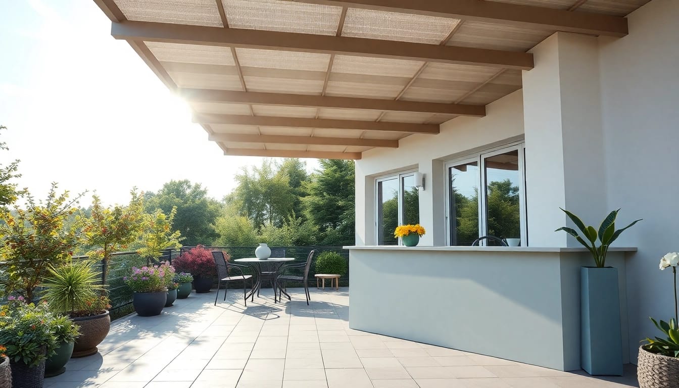 Genießen Sie einen stilvollen Garten mit einer Terrassenüberdachung mit Markise, die optimalen Sonnenschutz und Eleganz bietet.
