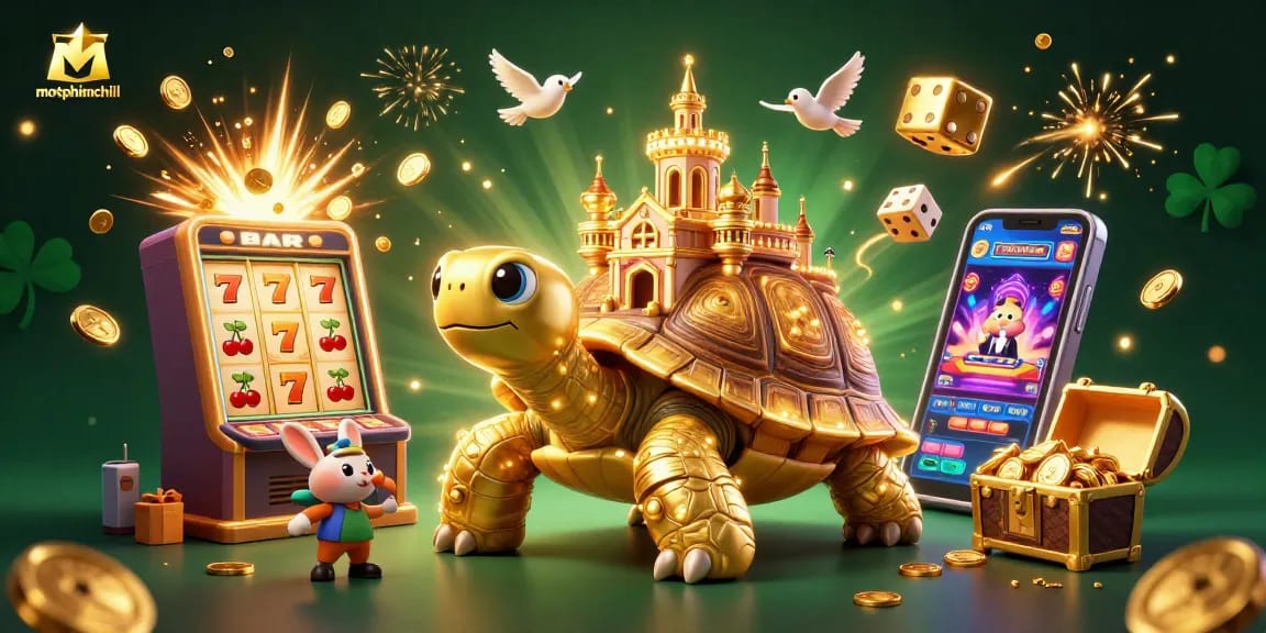 Experience the thrill of motphimchill with a vibrant casino scene featuring golden tortoise and dealer elements.
