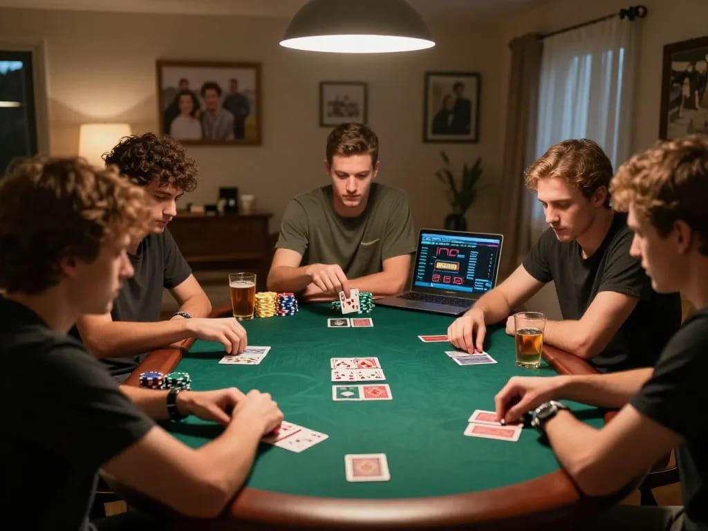 Players engaged in a home poker night, analyzing hands and discussing strategies for ผลการแข่งขันฟุตบอล in a cozy setting.