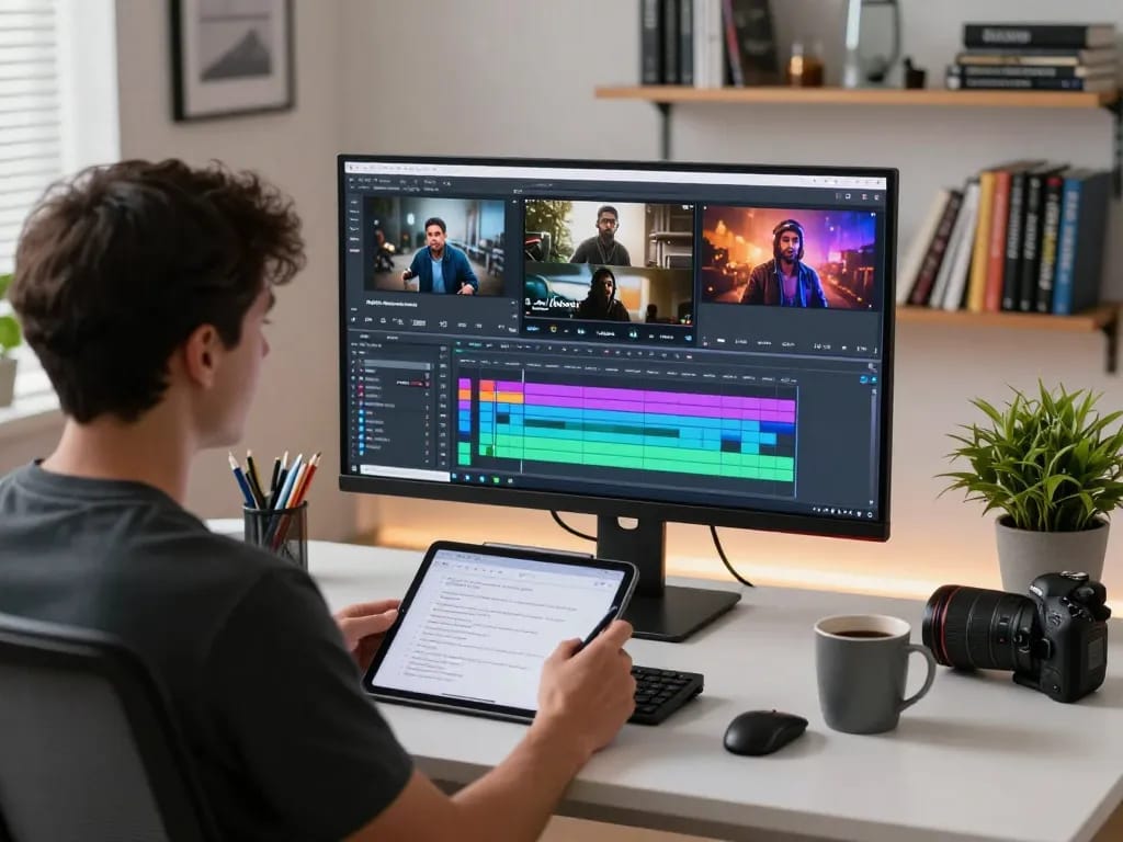 Creating free motion control videos at a modern workspace with video editing software.