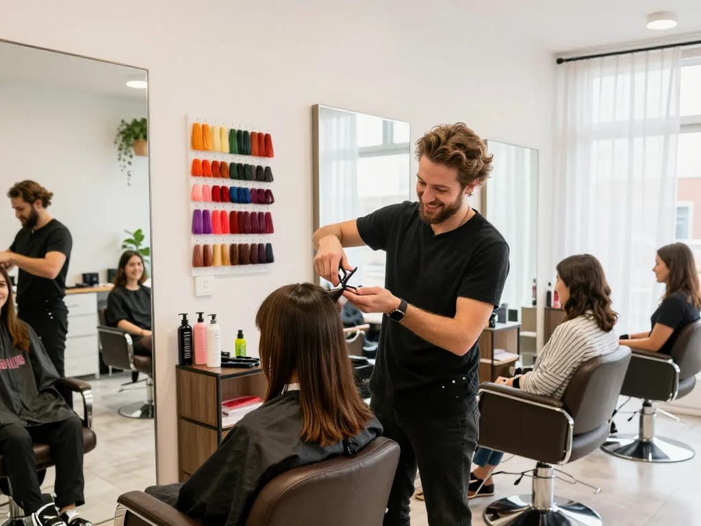 Frisør klipper hår i en lys, indbydende salon med farverig indretning og planter.