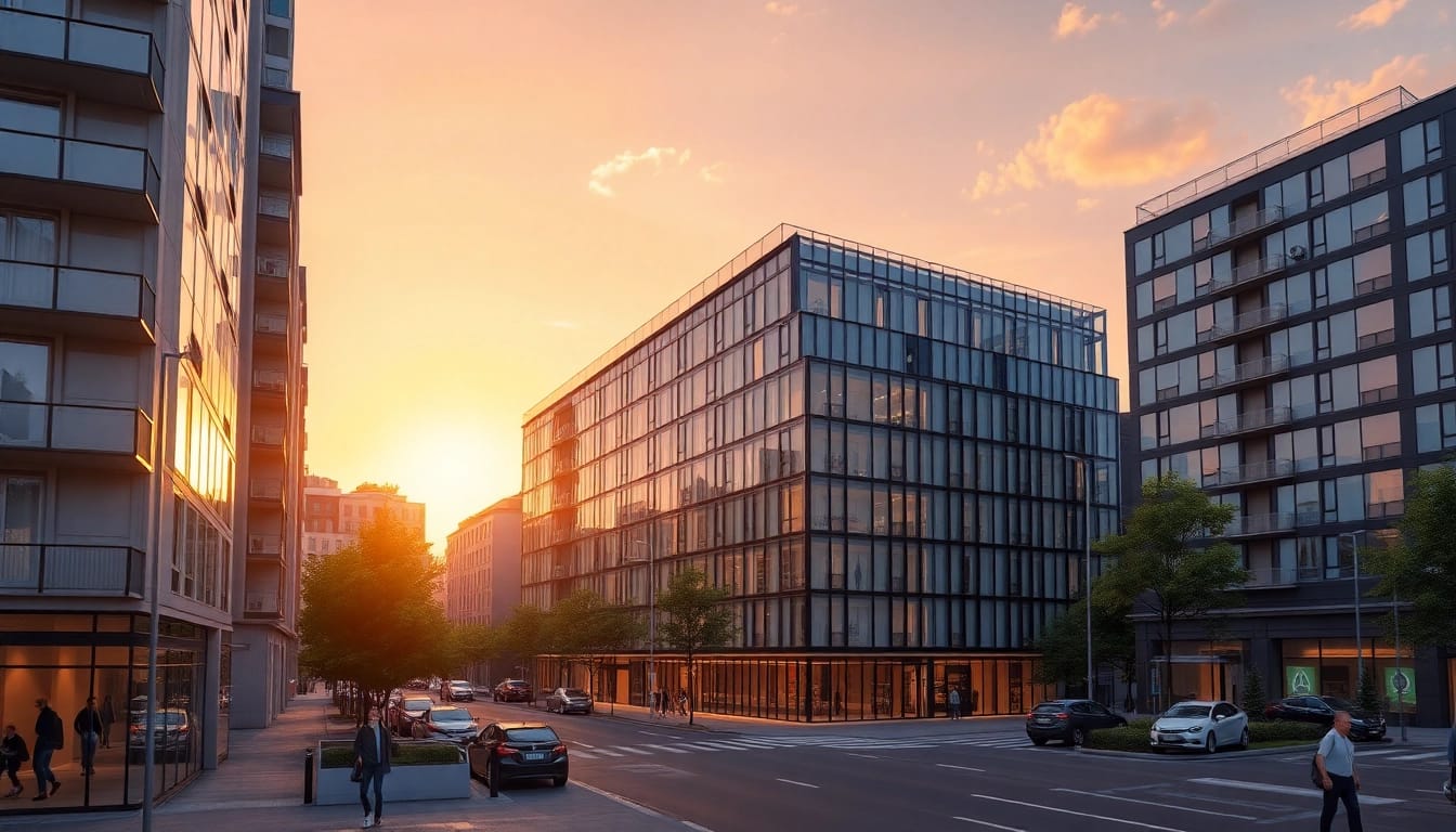 Gestalten Sie eine beeindruckende architektur visualisierung eines modernen Gebäudes im Sonnenuntergang mit lebendiger urbaner Kulisse.