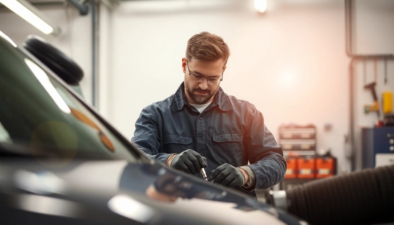 Professioneller Mechaniker bei der Hagelschaden Reparatur München in einer modernen Werkstatt.