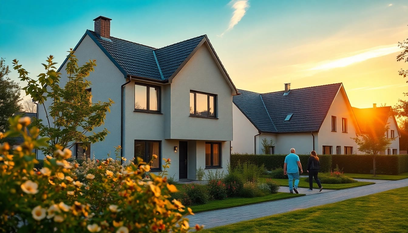 Entdecken Sie die Möglichkeiten des Hauskaufs in einer idyllischen Nachbarschaft mit einem modernen Einfamilienhaus bei Sonnenuntergang.