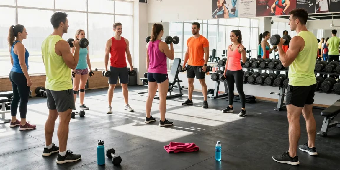 Aktive Fitness-Enthusiasten im Anabolika Shop, die im modernen Fitnessstudio trainieren und Gewichte heben.
