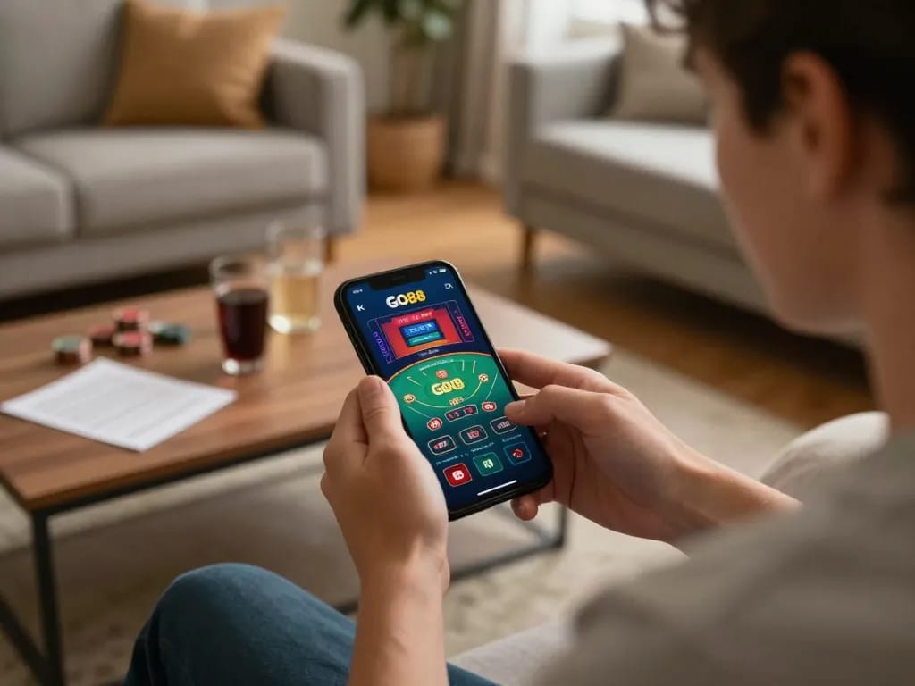 Engaging in exciting GO88 online casino gameplay on mobile device in cozy home setting.