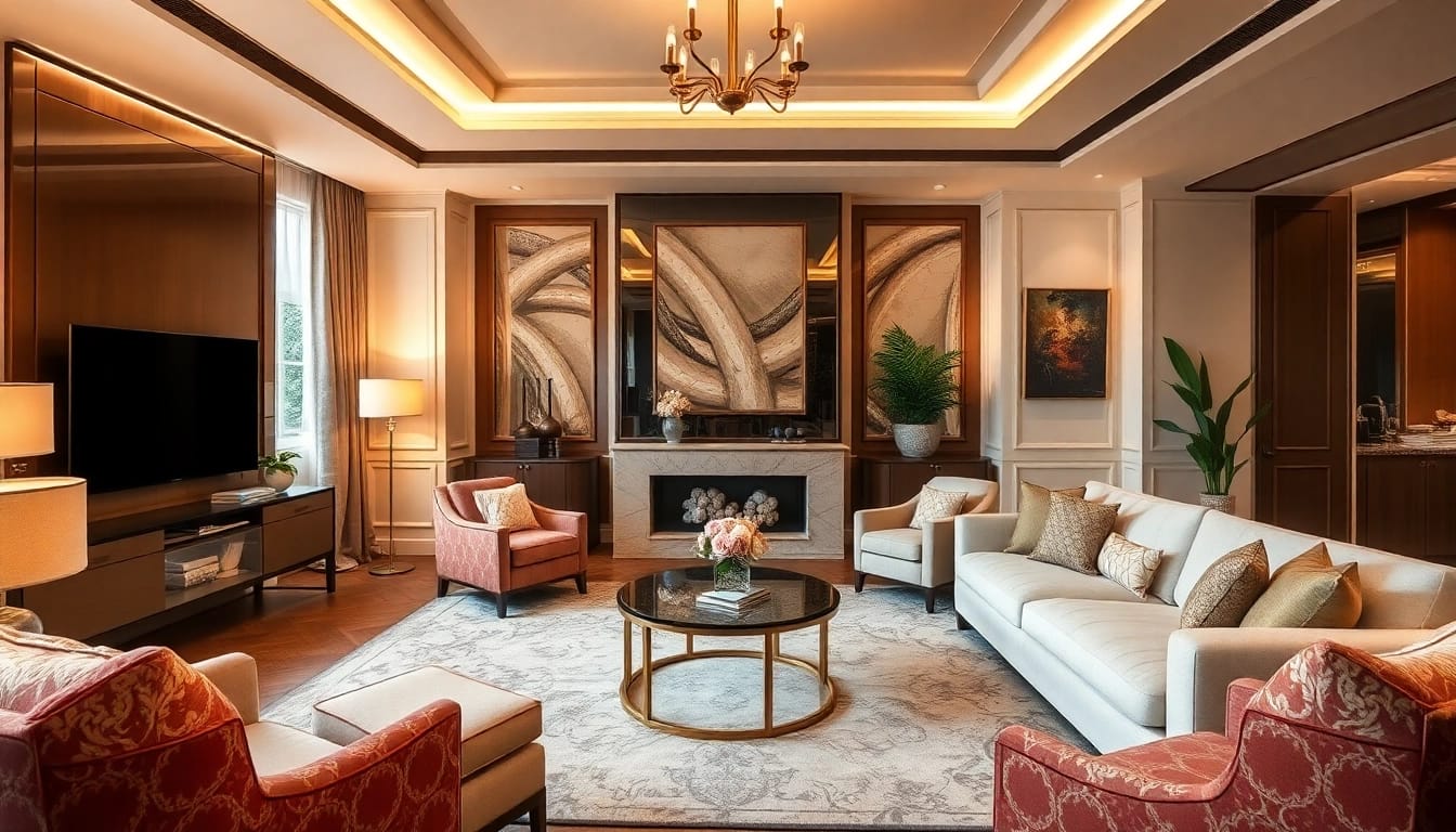 Luxury living room showcasing elegant furniture and warm lighting for a sophisticated atmosphere.