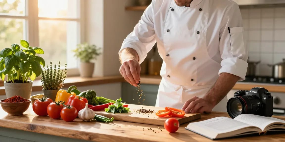 Chef, der Aromen mit Gewürzen über frischen Zutaten in einer gemütlichen Küche verstärkt.