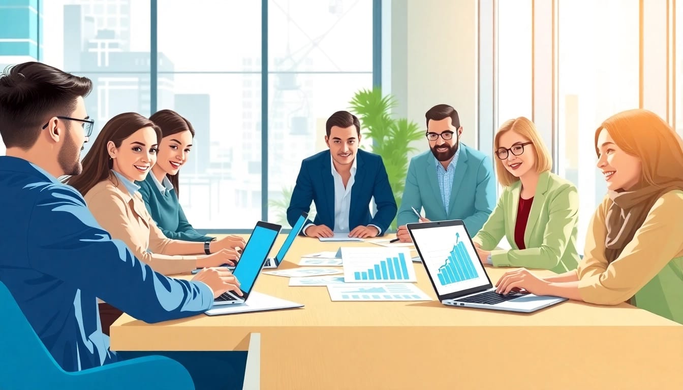 Steigern Sie Ihre Online Marketing-Strategie mit einem dynamischen Teammeeting im modernen Büro.