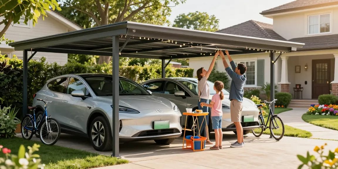 Moderne Carport-Installation im Freien mit Familie und Fahrzeugen.