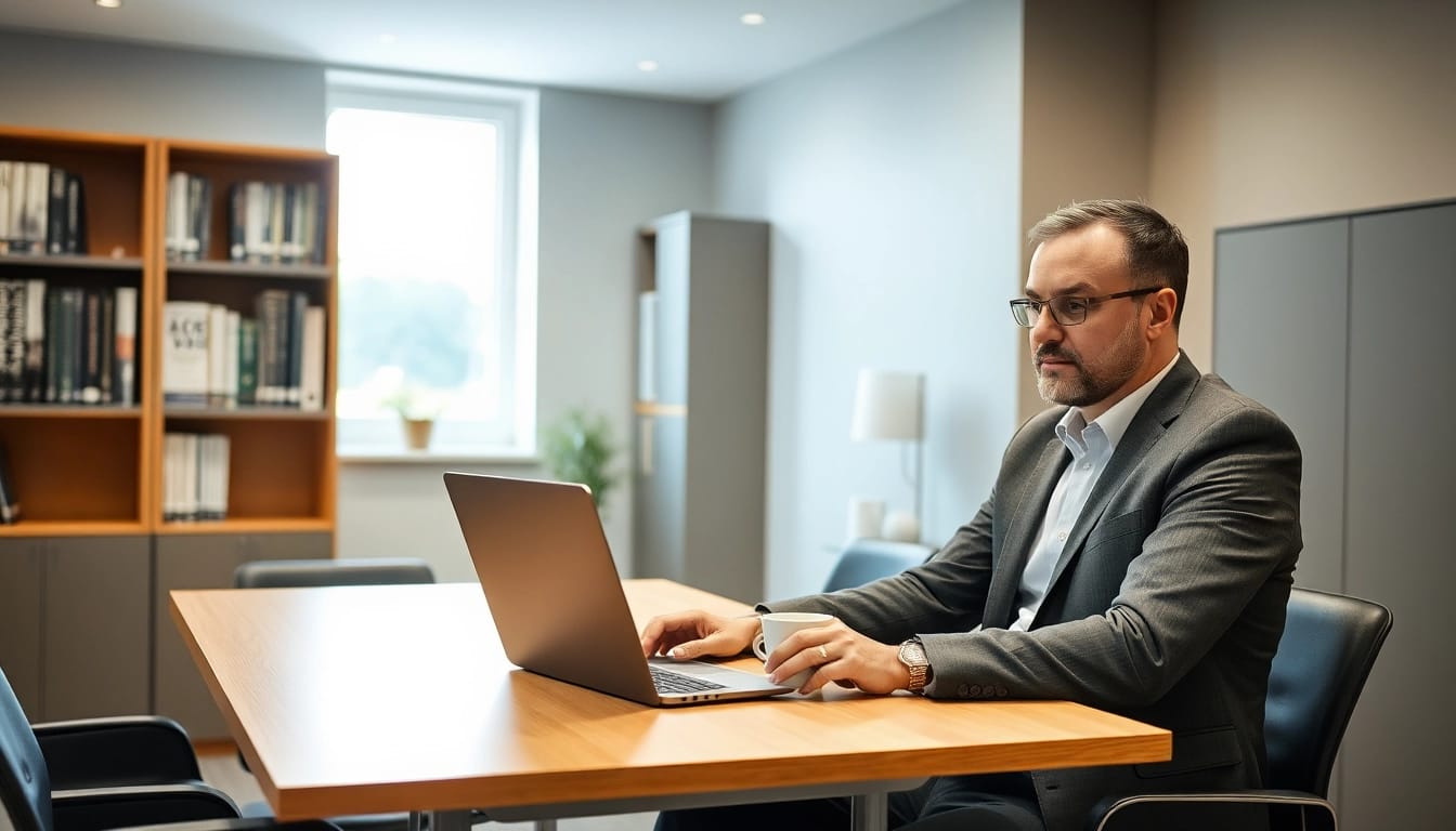 Headhunter Frankfurt bei der Arbeit am Laptop, professionell und engagiert.