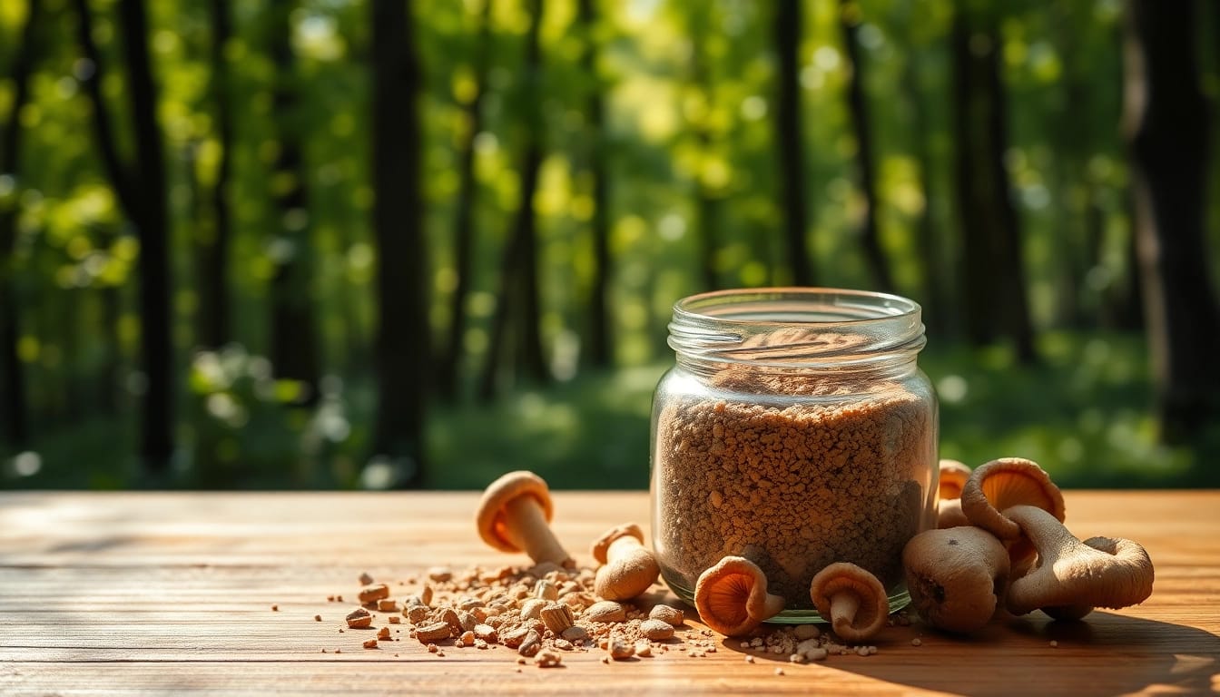 Fliegenpilz pulver in a glass jar surrounded by nature, illustrating its natural origins.
