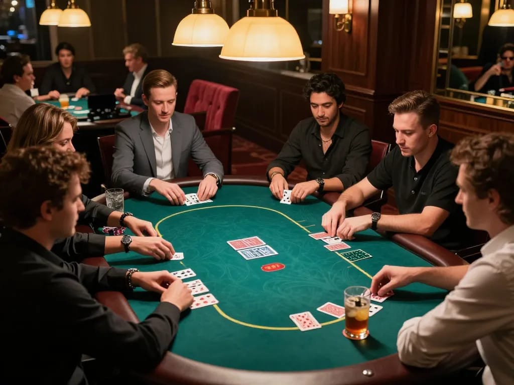 Engaged players analyzing hands for slot gacor strategy during a high-stakes poker game.