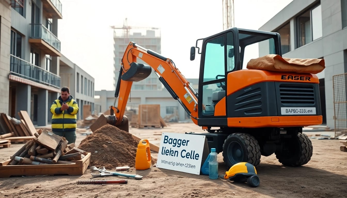 Bagger leihen Celle - Minibagger in Aktion beim Ausheben eines Grabens auf einer Baustelle.