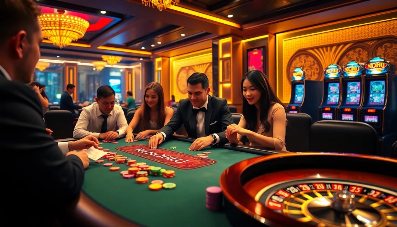 NOHU gaming table filled with colorful chips, cards, and engaged players in an exciting casino atmosphere.