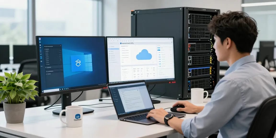 Effizientes IT-Setup mit Windows Server 2025 Lizenz für Firmenumgebungen in modernem Büro.