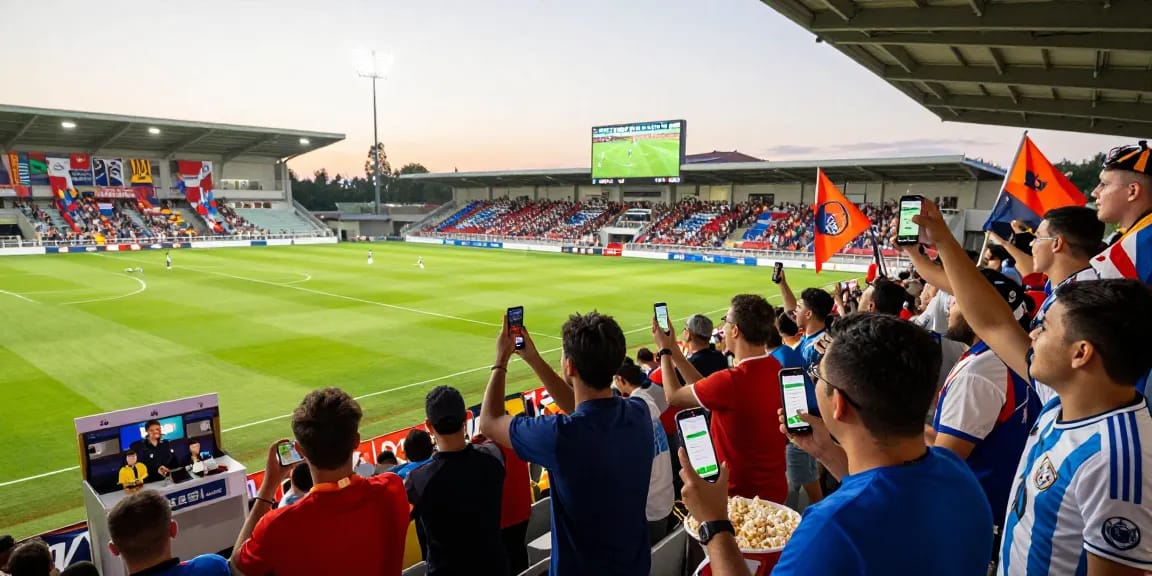 Fans wetten Fußball live im Stadion, jubeln bei einem spannenden Spiel und nutzen ihre Wett-Apps.