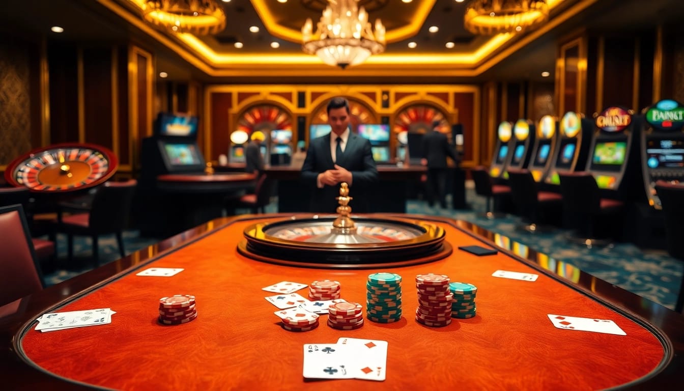 Experience the excitement of Nhà cái S8 with a vibrant casino scene featuring a luxurious poker table.