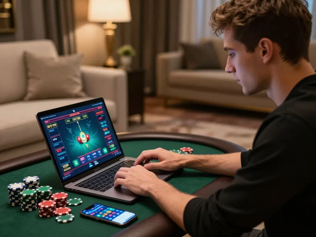 Player engaging with 99win online casino on a laptop in a cozy home setting, highlighting excitement.