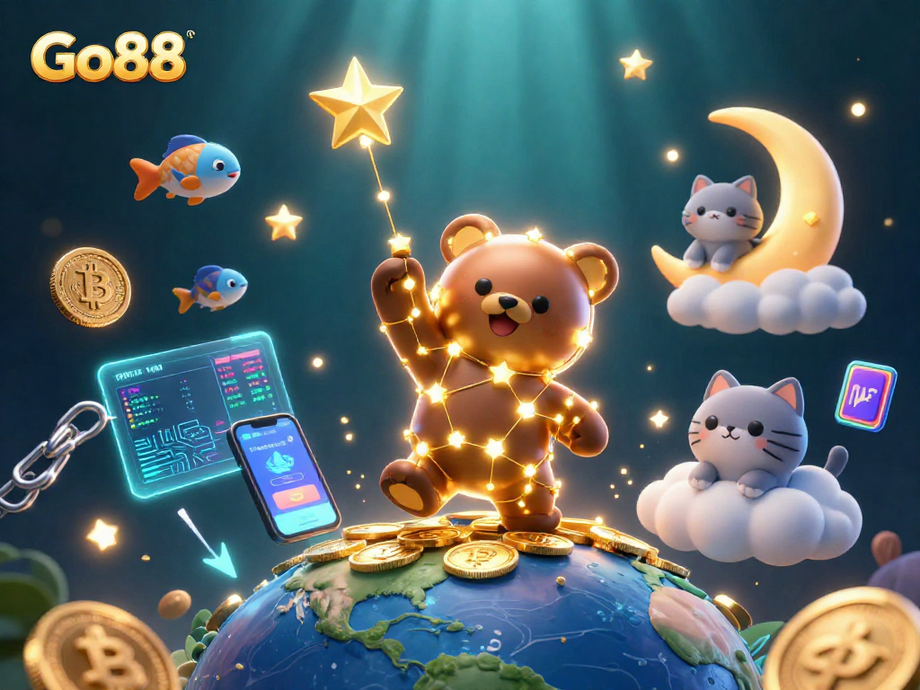 Engage with Go88's vibrant online gaming experience, featuring a constellation bear and crypto elements.