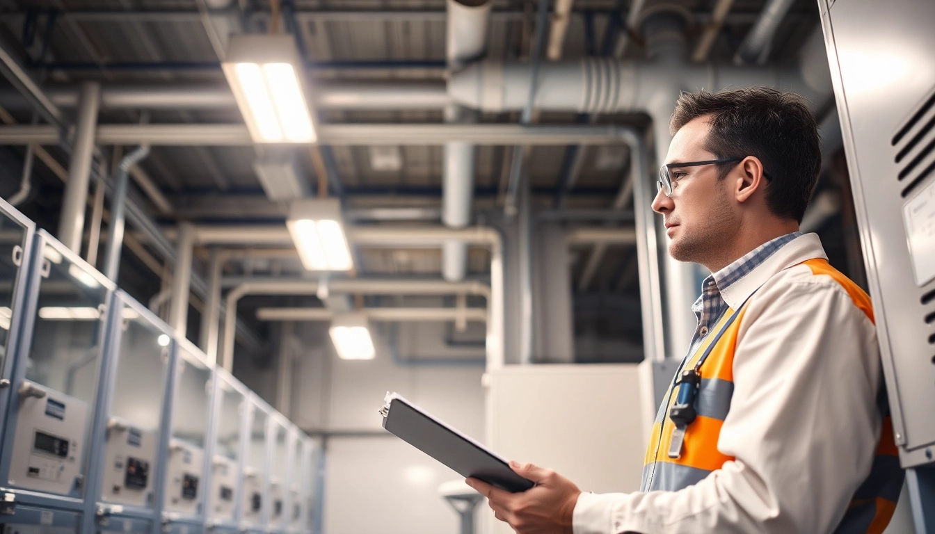Inspecting electrical devices for DGUV V3 Prüfung in a modern industrial environment.