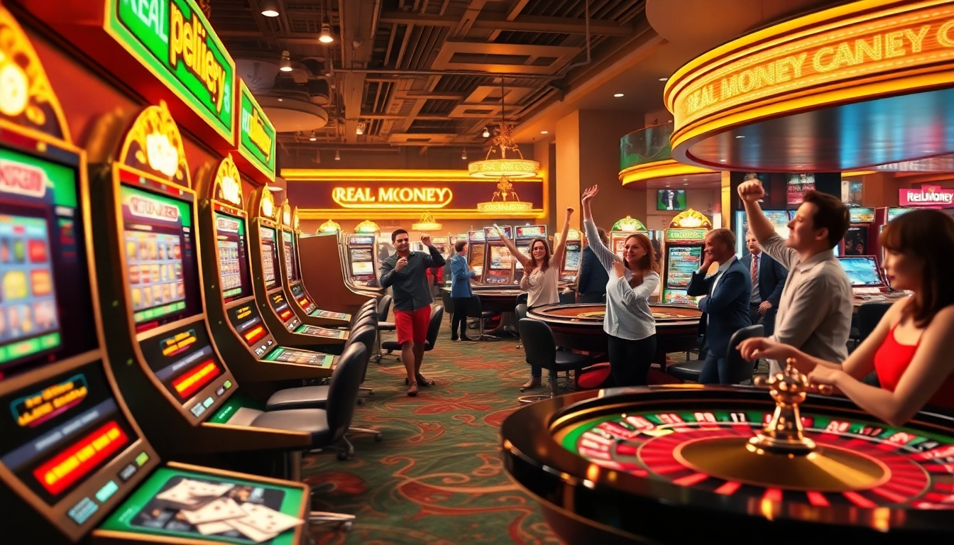 Experience the thrill of a real money online casino with glowing slot machines and excited players celebrating wins.
