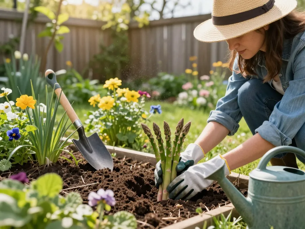 Spargelpflanzen being planted in a vibrant spring garden showcasing nurturing growth and gardening joy.