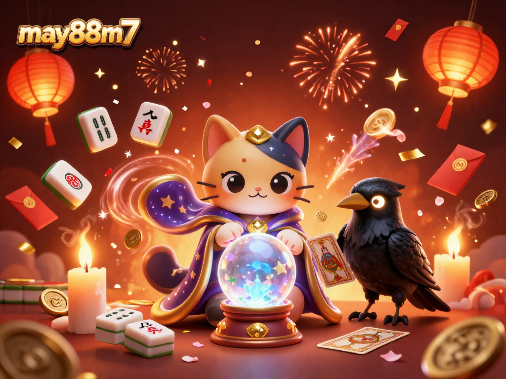 Experience the thrilling world of may88m7 with a magical cat and tarot raven in a vibrant casino scene.