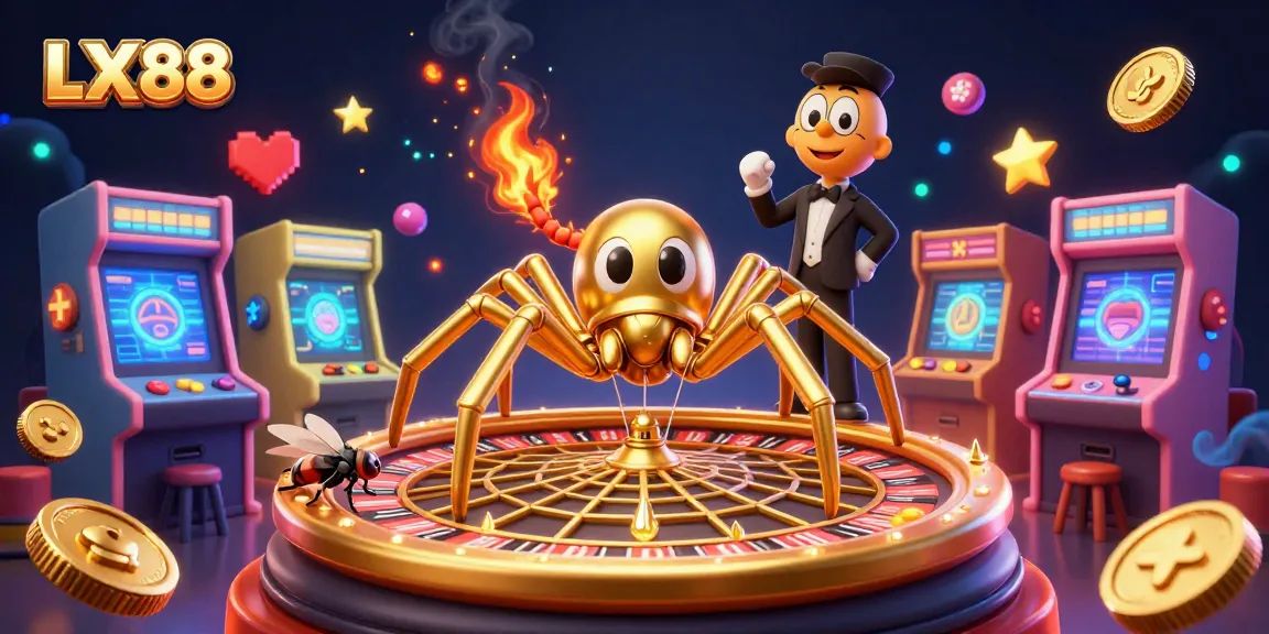 Experience thrilling bets at LX88 with a vibrant casino-themed 3D illustration featuring a unique spider and centipede duo.
