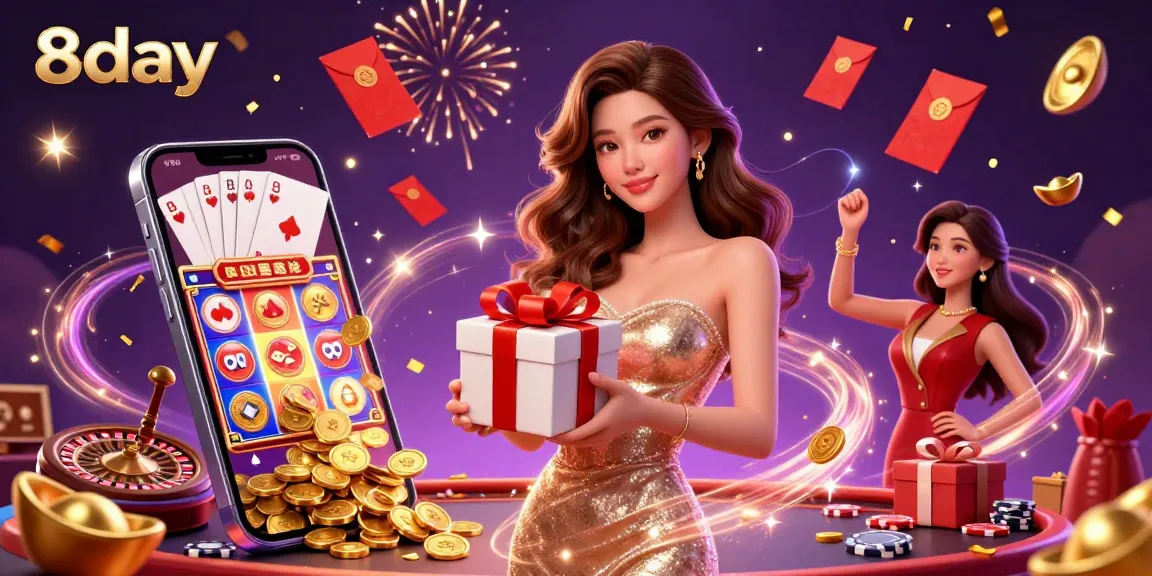 Experience the thrilling adventures at 8day with a beautiful Asian model celebrating wins amidst vibrant casino elements.