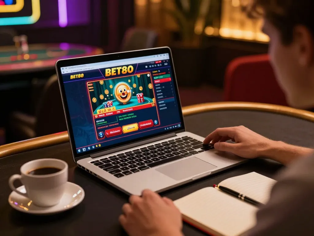 Player enjoying a bet88 online casino game at a stylish home gaming setup with laptop and cozy atmosphere.