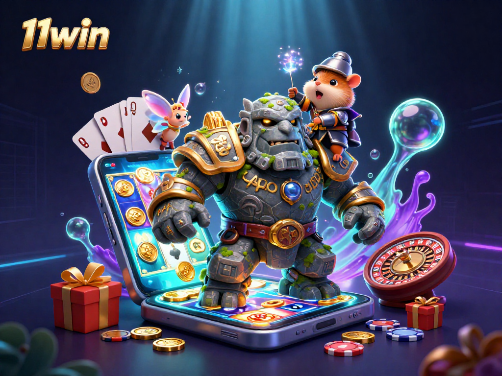 Engage with thrilling 11win slot games as a golem guardian accompanies a hamster knight.