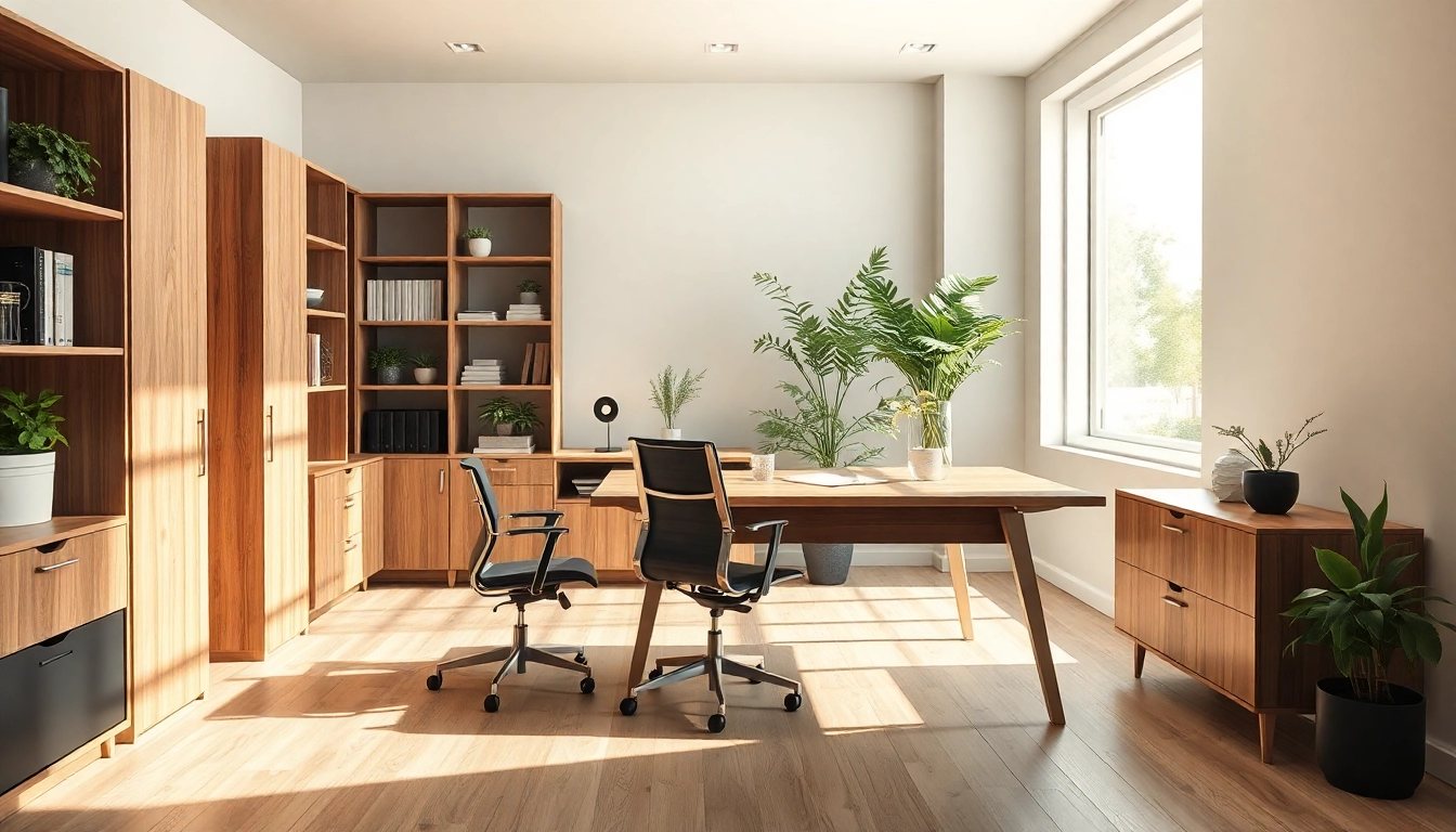 Moderne Büromöbel in einem stilvollen Büro mit natürlicher Lichtquelle.