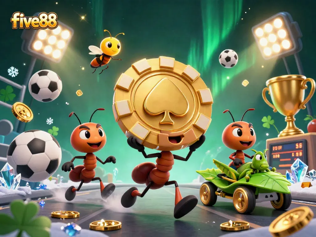 Experience excitement at five88 with ants on a heist, golden chips, and lively sports elements.