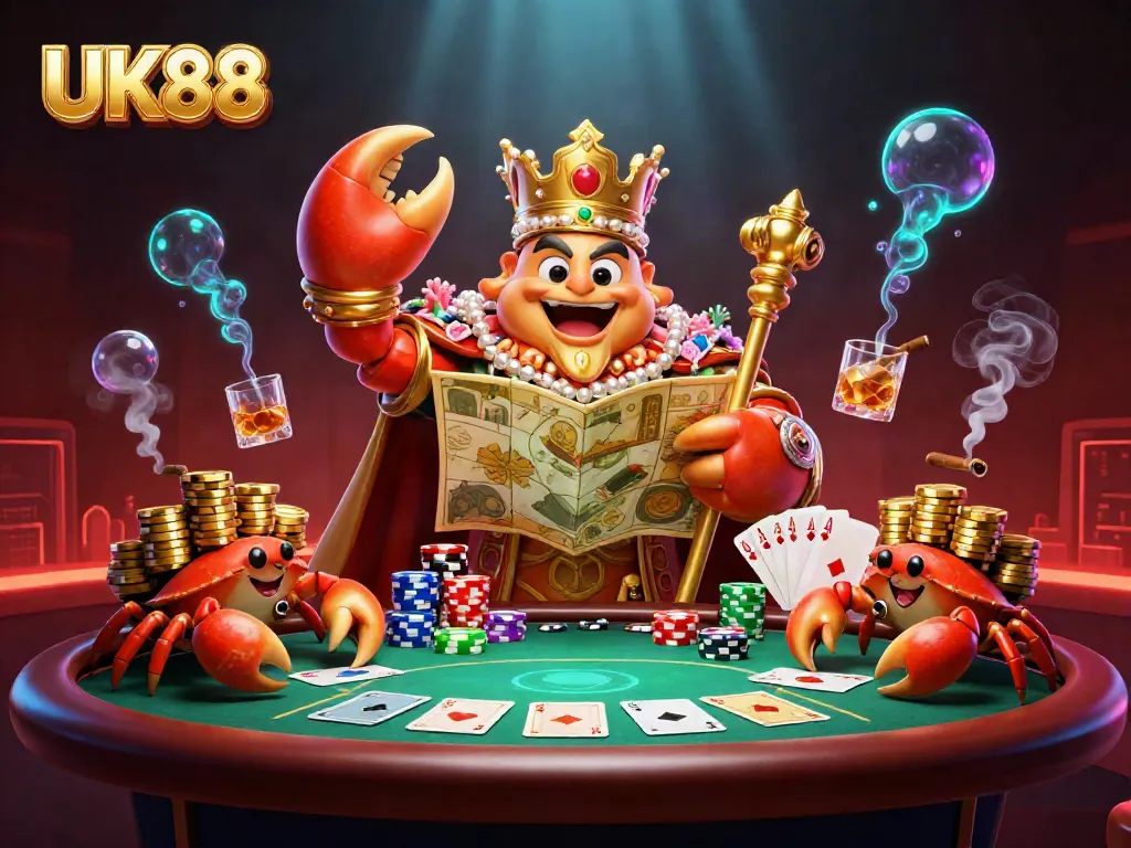 Experience the royal charm of UK88 with a golden crab emperor leading in this vivid online casino scene.