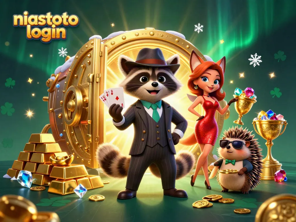 Gambar meriah "niastoto login" menunjukkan rakun bertangan royal flush, dikelilingi harta karun!